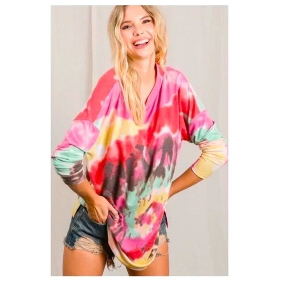 Tops - New!! French Terry Spiral Tie-Dye Print Long Sleeve Top with Round Neckline